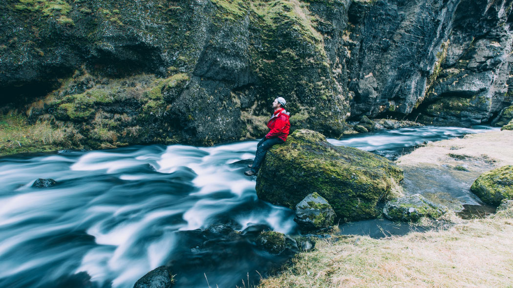Iceland River Man On Rock