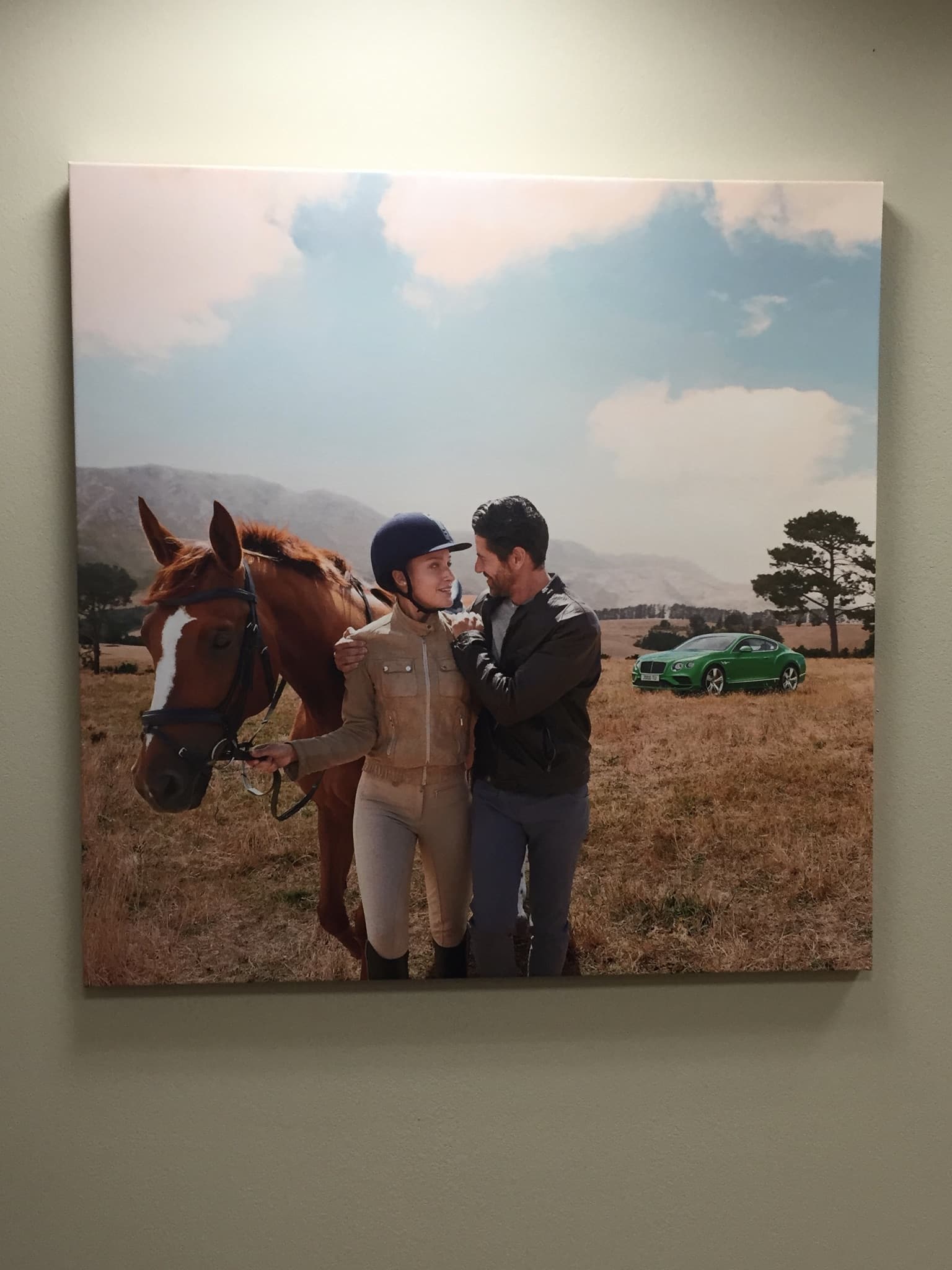 Framed Print vs Canvas Print - The image displays Man and woman looking at each other and a horse is there image 