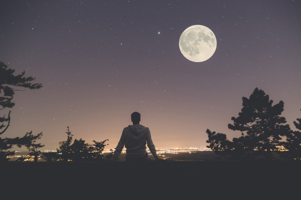 man enjoying the view from hill above city full moon and stars on the picture id810130030 image 