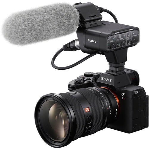 Sony a7R V with an external microphone for video image 